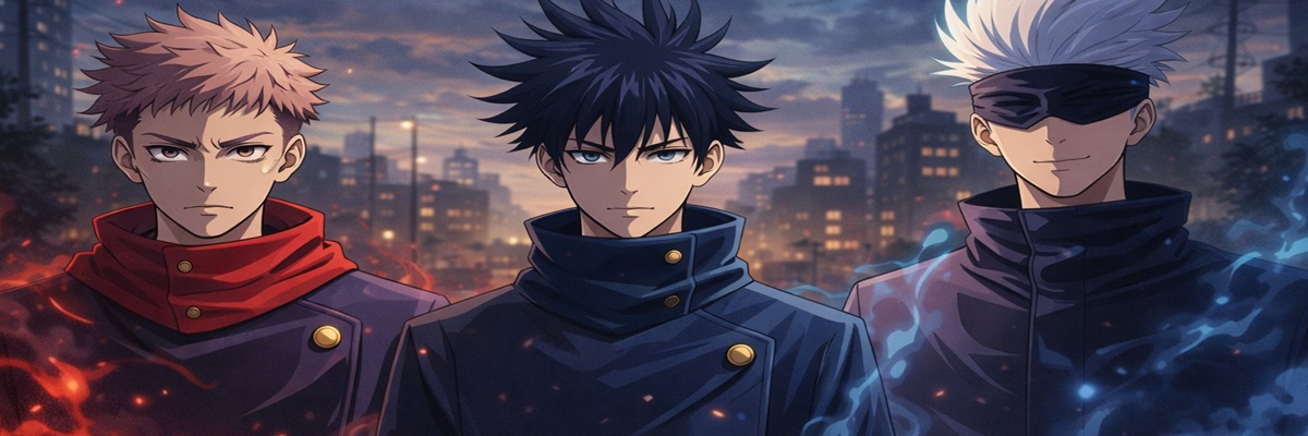 Key characters from Jujutsu Kaisen standing together, representing the returning voice cast for Season 3 ahead of its 2026 release