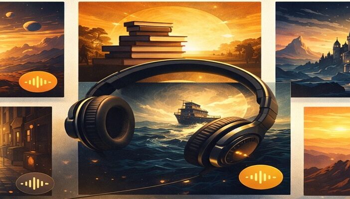 Collage of standout audiobooks from 2025 known for strong narration