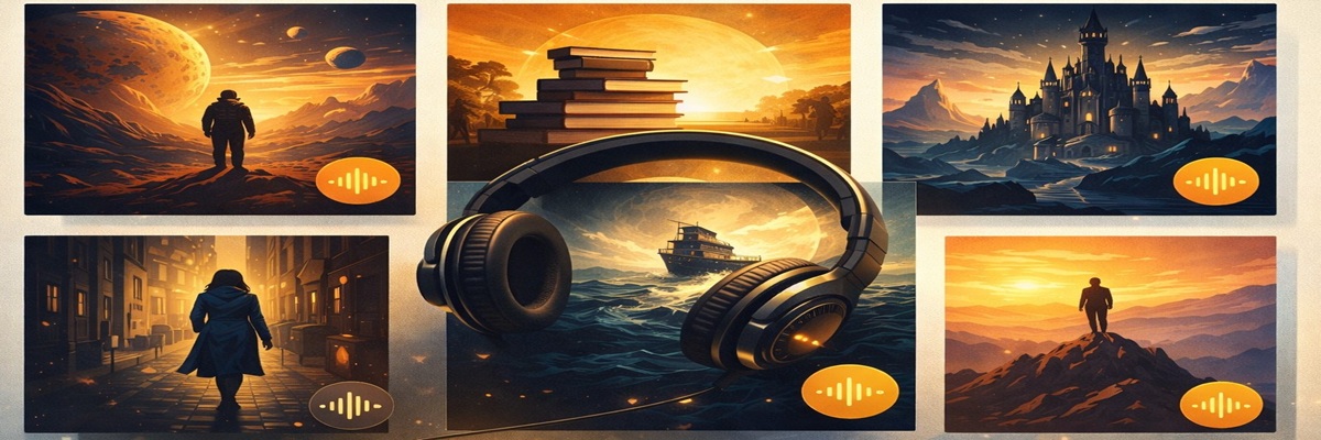 Collage of standout audiobooks from 2025 known for strong narration