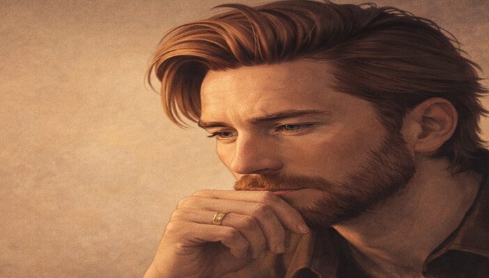 Portrait-style illustration of Troy Baker in a reflective setting, representing his perspective on creativity and artificial intelligence