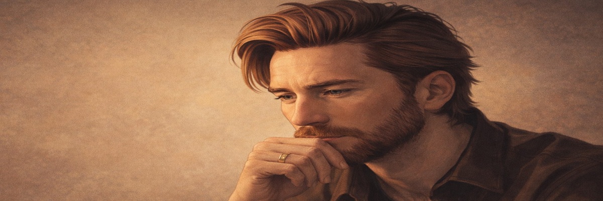 Portrait-style illustration of Troy Baker in a reflective setting, representing his perspective on creativity and artificial intelligence
