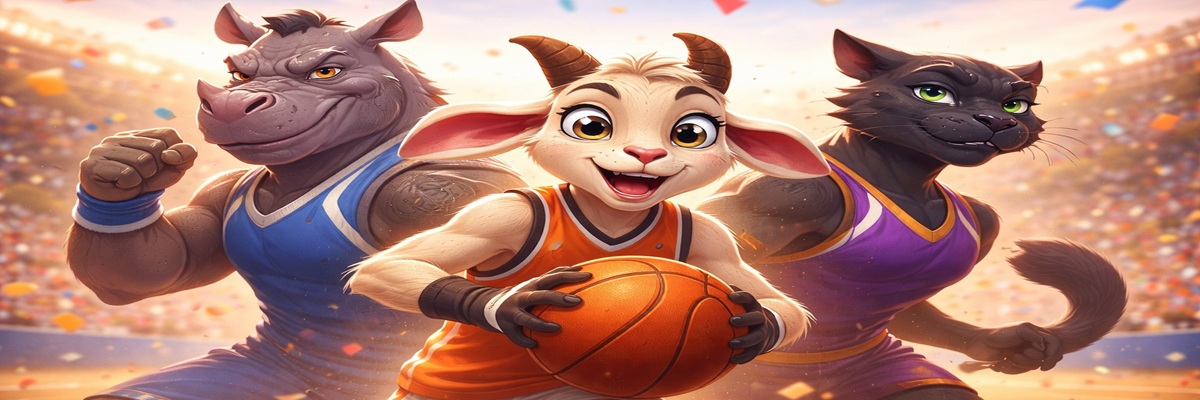 Widescreen animated illustration of a determined anthropomorphic goat in a basketball jersey holding a ball at center court, flanked by a muscular rhino and a sleek panther teammate in a packed stadium, symbolizing the animated film GOAT and its sports underdog story.