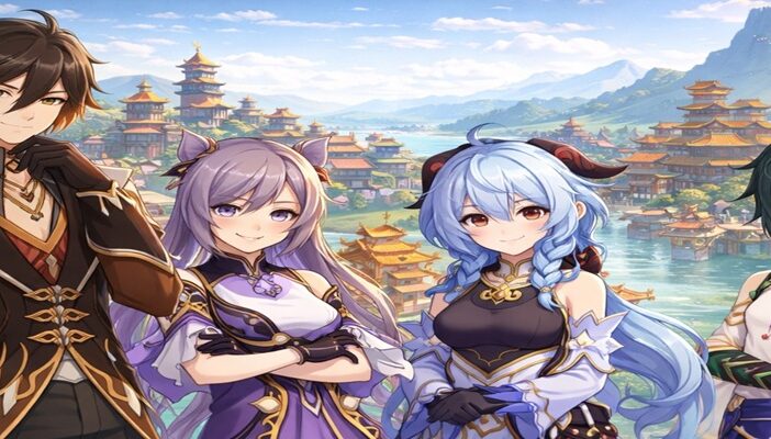 **SCR Text:** Anime-style illustration of four fantasy characters standing together in an East Asian-inspired harbor city with mountains and pagoda rooftops in the background, representing the second region voice actors from Genshin Impact.