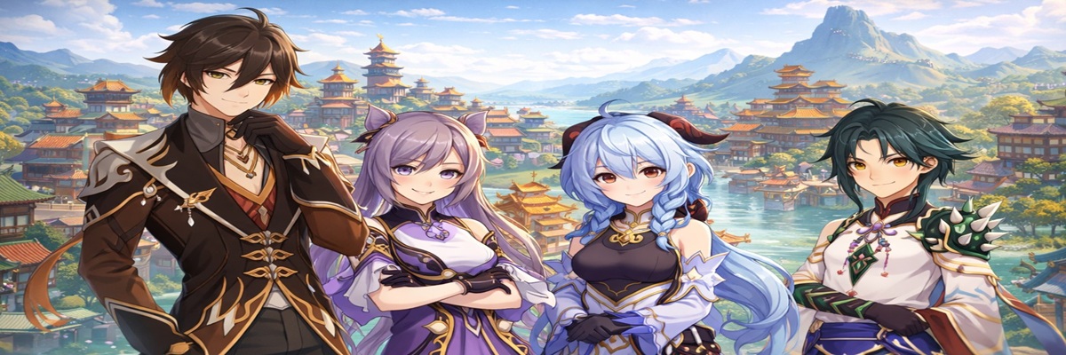 **SCR Text:** Anime-style illustration of four fantasy characters standing together in an East Asian-inspired harbor city with mountains and pagoda rooftops in the background, representing the second region voice actors from Genshin Impact.