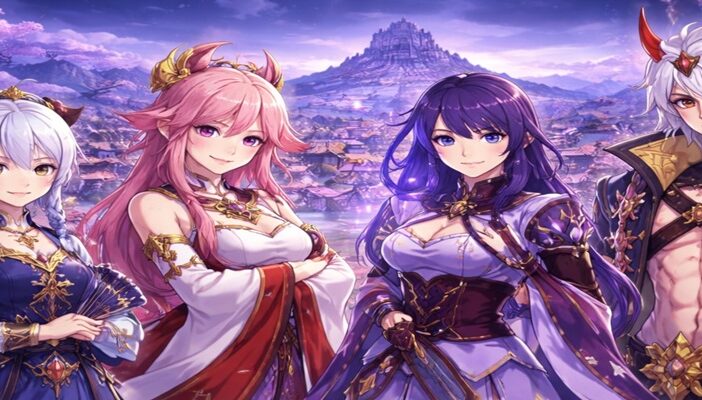 **SEO Alt Text:** Anime-style illustration inspired by Genshin Impact’s Inazuma region featuring four fantasy characters with cherry blossoms and traditional Japanese architecture, representing the Inazuma voice actors streaming event.