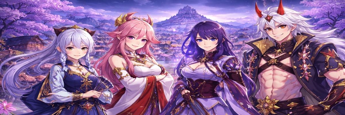 **SEO Alt Text:** Anime-style illustration inspired by Genshin Impact’s Inazuma region featuring four fantasy characters with cherry blossoms and traditional Japanese architecture, representing the Inazuma voice actors streaming event.