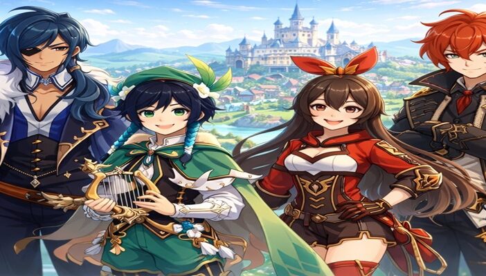 Fantasy anime characters posed in Mondstadt with castle and windmills behind them, illustrating the voice cast of Genshin Impact’s Mondstadt region.