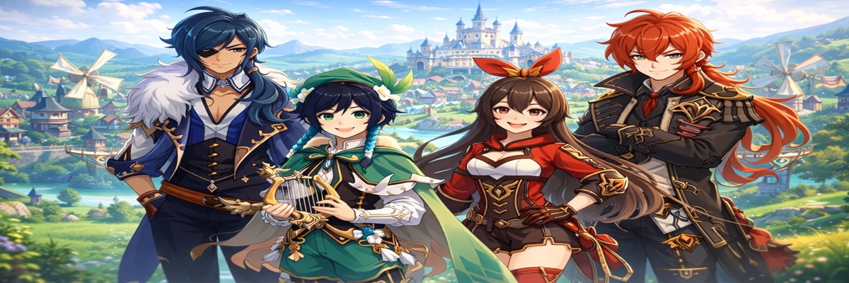 Fantasy anime characters posed in Mondstadt with castle and windmills behind them, illustrating the voice cast of Genshin Impact’s Mondstadt region.