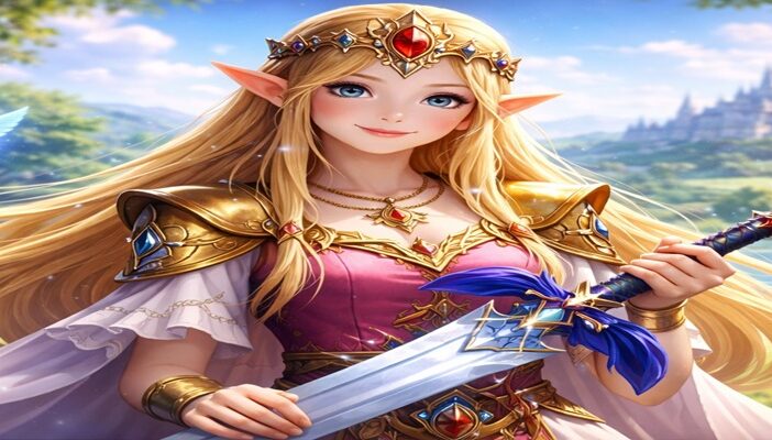 Princess Zelda holding a sword in a vibrant Hyrule setting, representing Patricia Summersett’s voice role in The Legend of Zelda 40th anniversary feature.