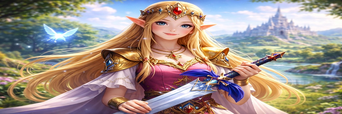 Princess Zelda holding a sword in a vibrant Hyrule setting, representing Patricia Summersett’s voice role in The Legend of Zelda 40th anniversary feature.