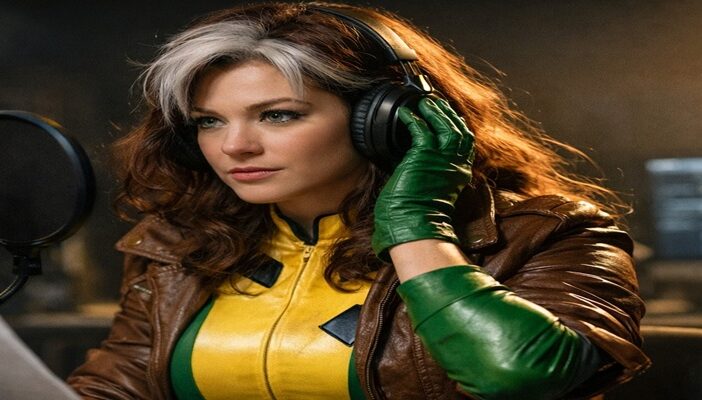 Lenore Zann as the voice of Rogue in X-Men The Animated Series with animated Rogue artwork in the background