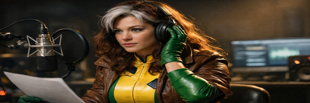 Lenore Zann as the voice of Rogue in X-Men The Animated Series with animated Rogue artwork in the background