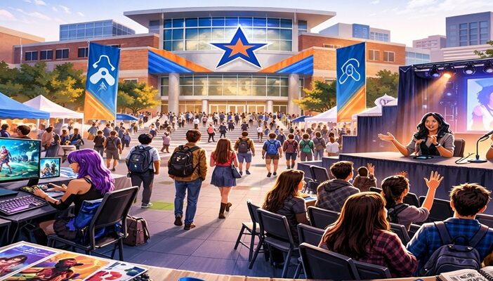 Students attending a campus pop culture convention with cosplay and voice actor panels at a university event