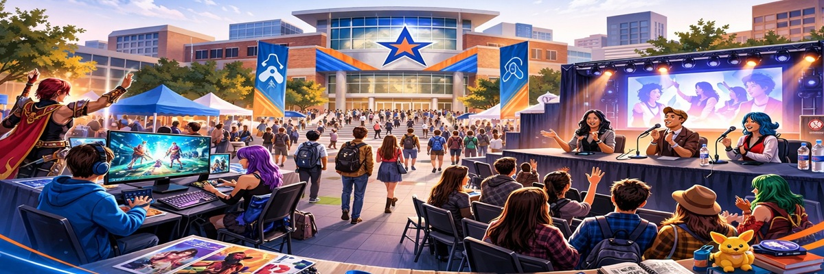 Students attending a campus pop culture convention with cosplay and voice actor panels at a university event