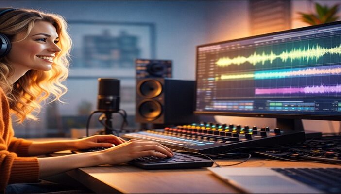 Voice actor recording in a home studio with audio editing software visible on a computer screen