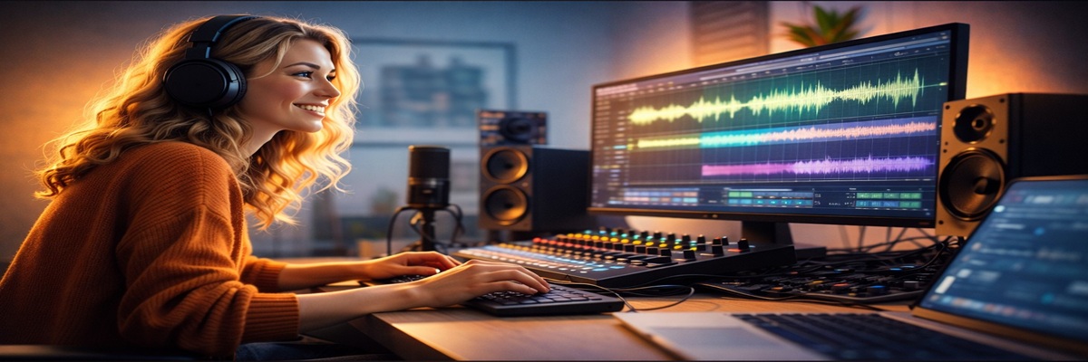 Voice actor recording in a home studio with audio editing software visible on a computer screen