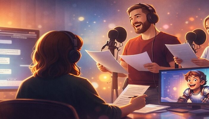 video game voice actors and writers collaborating during a game development session