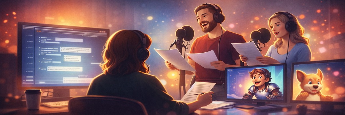 video game voice actors and writers collaborating during a game development session