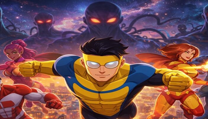 Animated superhero team flying over a city with cosmic background, inspired by Invincible style characters