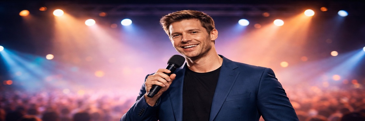 Live announcer speaking into a microphone at an event