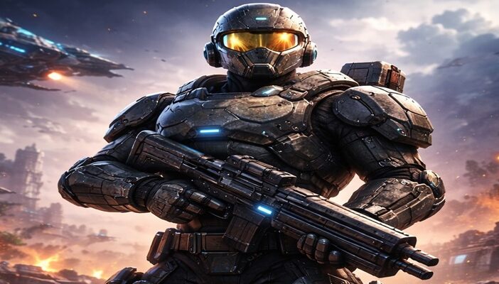 futuristic armored soldier hero in a sci fi battlefield inspired by a legendary video game character