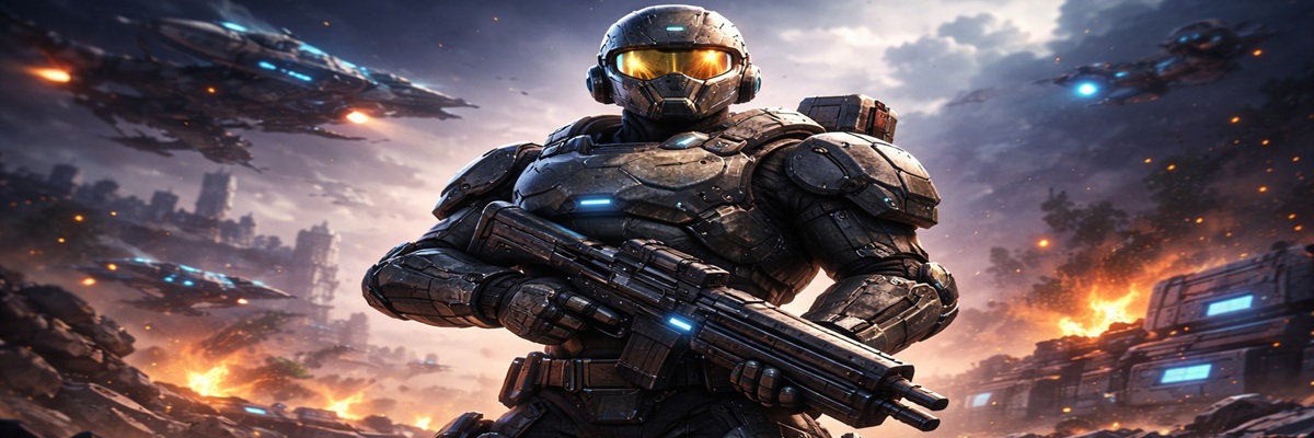 futuristic armored soldier hero in a sci fi battlefield inspired by a legendary video game character