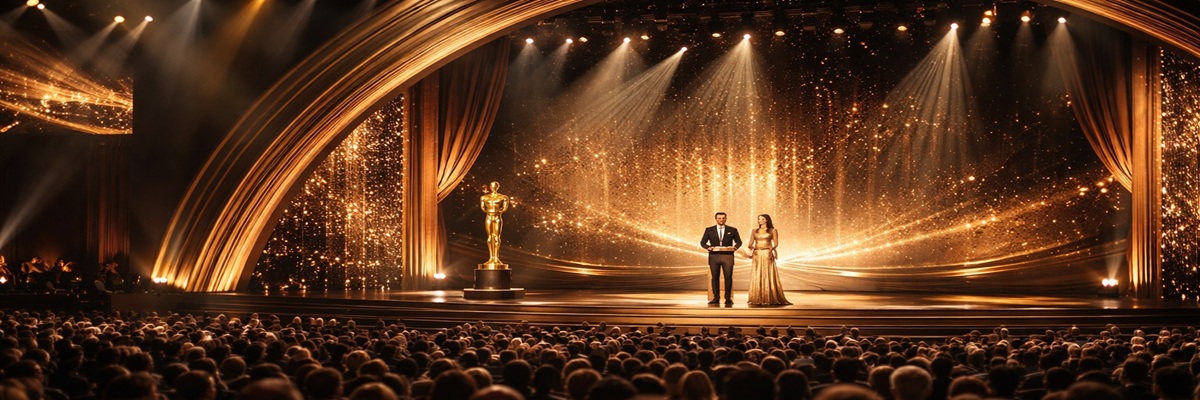 oscars stage with host and presenters during a live awards ceremony