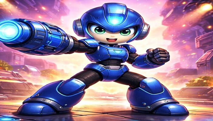 blue armored robot hero in a futuristic action scene inspired by the Mega Man video game series