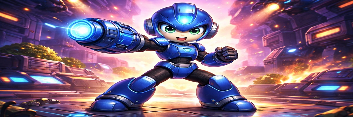 blue armored robot hero in a futuristic action scene inspired by the Mega Man video game series