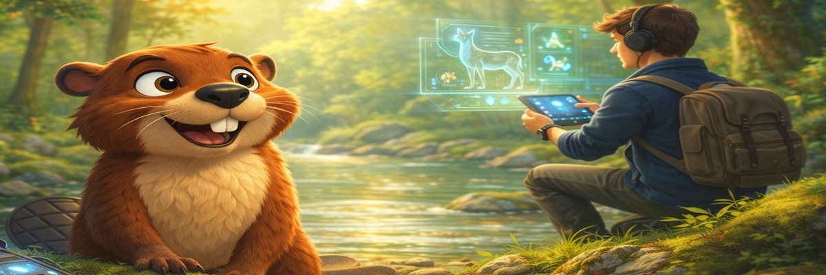 animated beaver and human character in a forest with futuristic technology representing human consciousness hopping into animal bodies