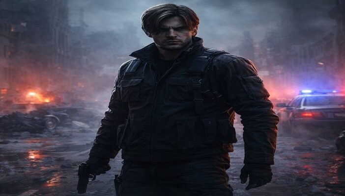 Leon inspired survival horror protagonist standing in a foggy ruined city street with emergency lights in the background