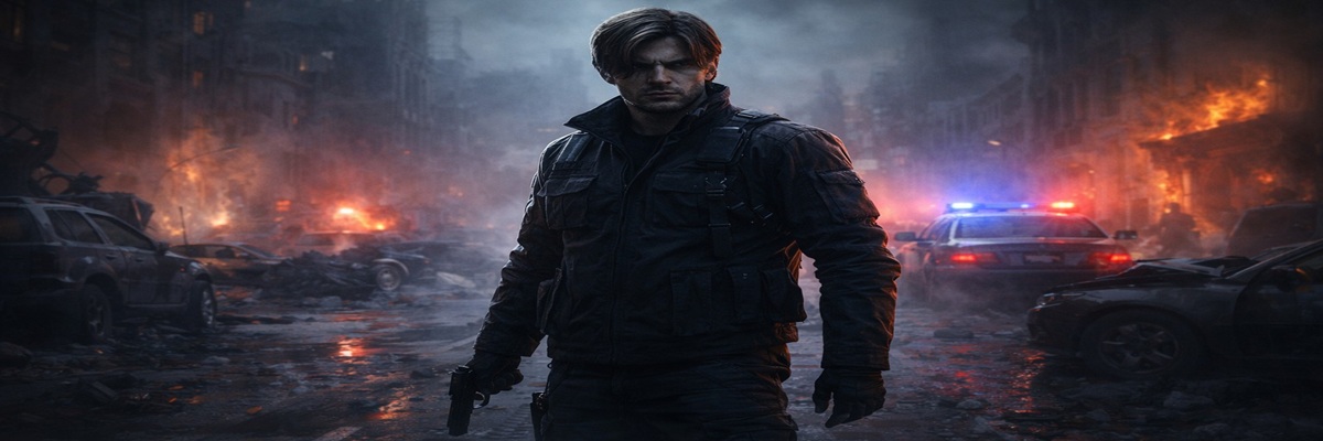 Leon inspired survival horror protagonist standing in a foggy ruined city street with emergency lights in the background