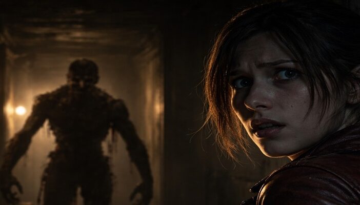 Resident Evil style horror character stalking a protagonist in a dark hallway