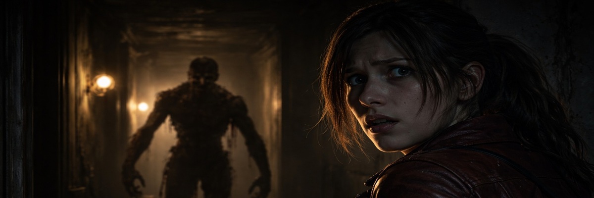 Resident Evil style horror character stalking a protagonist in a dark hallway