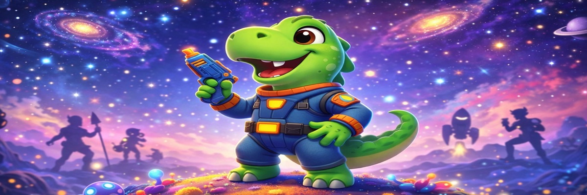 animated green dinosaur hero in a colorful outer space adventure setting inspired by the Super Mario Galaxy movie