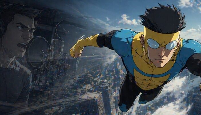 Aleks Le inspired Invincible voice acting scene with superhero character and studio setup