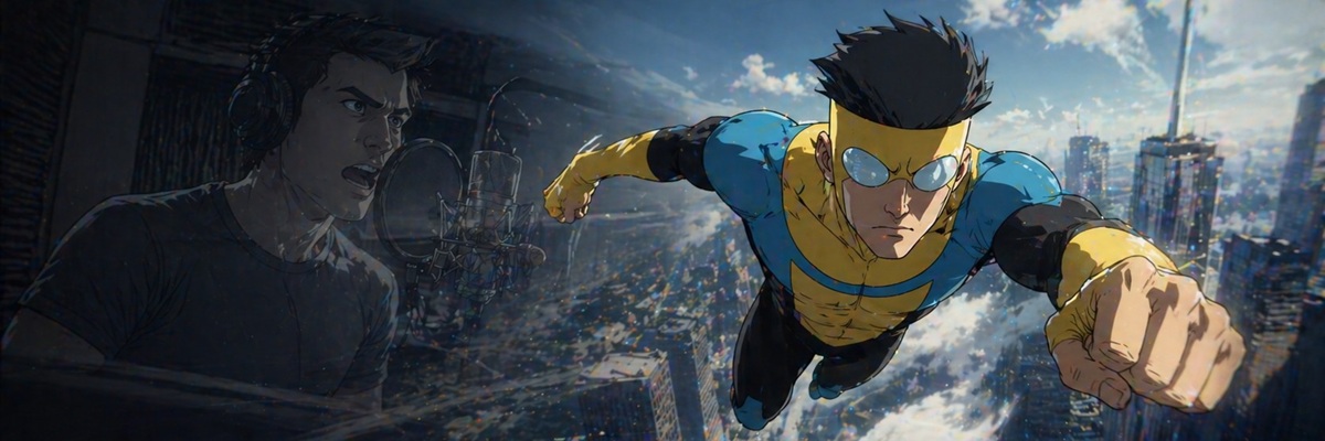 Aleks Le inspired Invincible voice acting scene with superhero character and studio setup