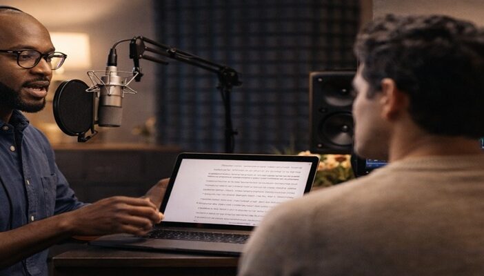 Voice actor recording audiobook sample while producer reviews audio for casting