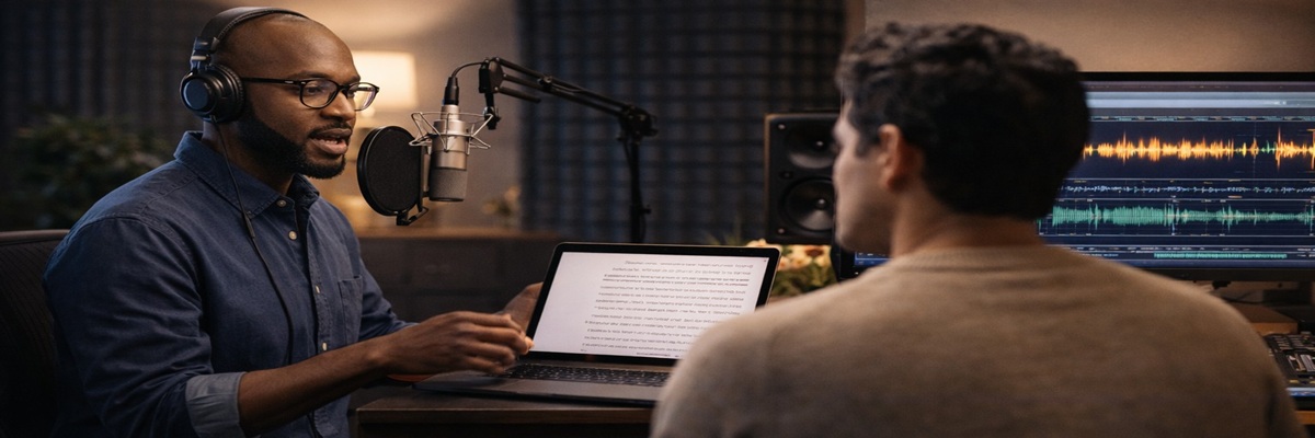 Voice actor recording audiobook sample while producer reviews audio for casting