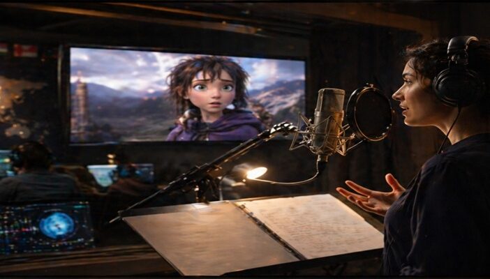 Dubbing voice actor recording lines for global film and animation production