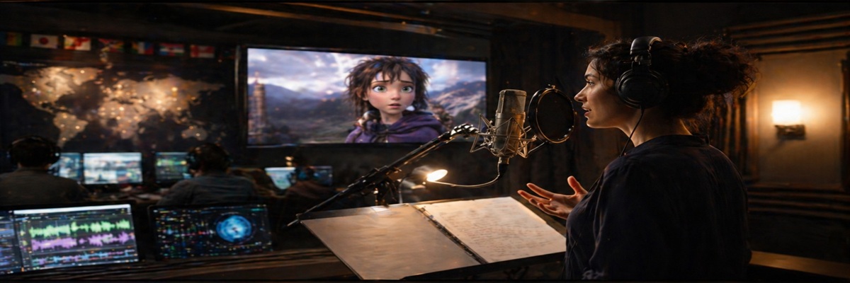 Dubbing voice actor recording lines for global film and animation production