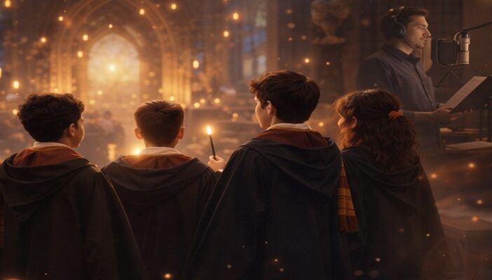 Voice actors recording Harry Potter audiobook with wizard-themed scene in background