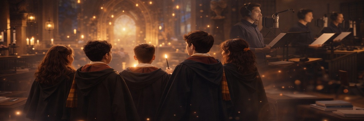Voice actors recording Harry Potter audiobook with wizard-themed scene in background