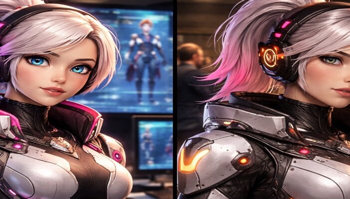 Comparison of character redesign in a video game showing different facial styles and development process