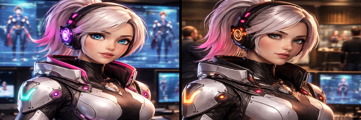 Comparison of character redesign in a video game showing different facial styles and development process