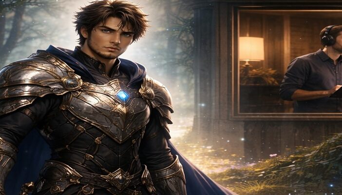 Voice actor narrating a romantasy audiobook with fantasy character scene in background