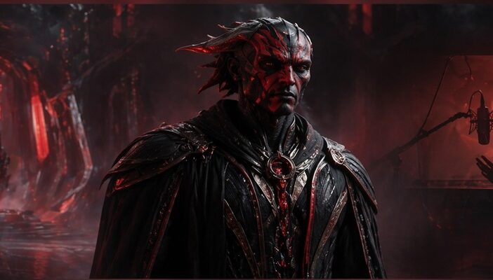 Sith character inspired by Darth Maul with voice actor recording in studio background