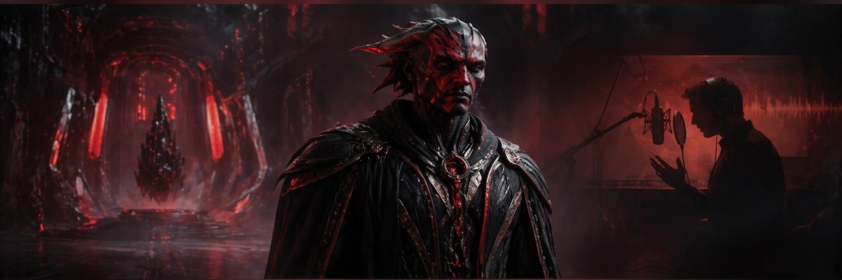 Sith character inspired by Darth Maul with voice actor recording in studio background