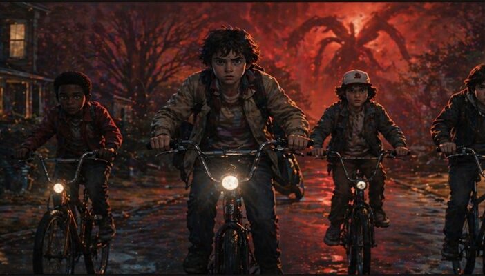 Animated Stranger Things style scene with kids and supernatural elements in 1980s setting
