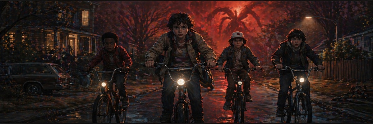 Animated Stranger Things style scene with kids and supernatural elements in 1980s setting